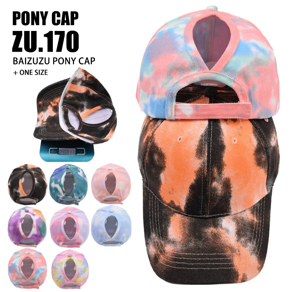 Tie Dye Ponytail Baseball Cap Women Cotton Adjustable Sun Hat Outdoor High Pony Tail Hole Curved Brim Streetwear