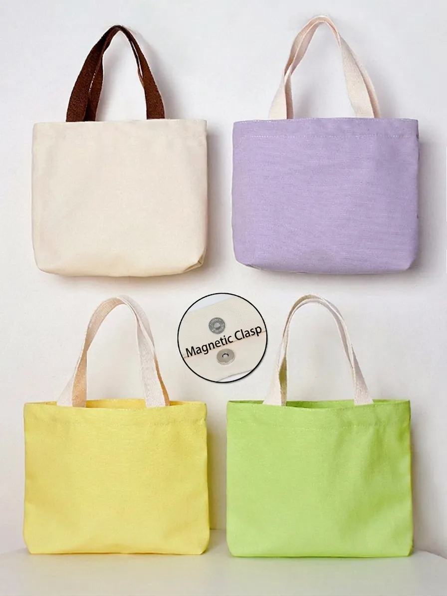 Mini Canvas Handbag Small Tote Bag Solid Macaron Colors Commuter Students Daily Casual Purse Simple Style For Women