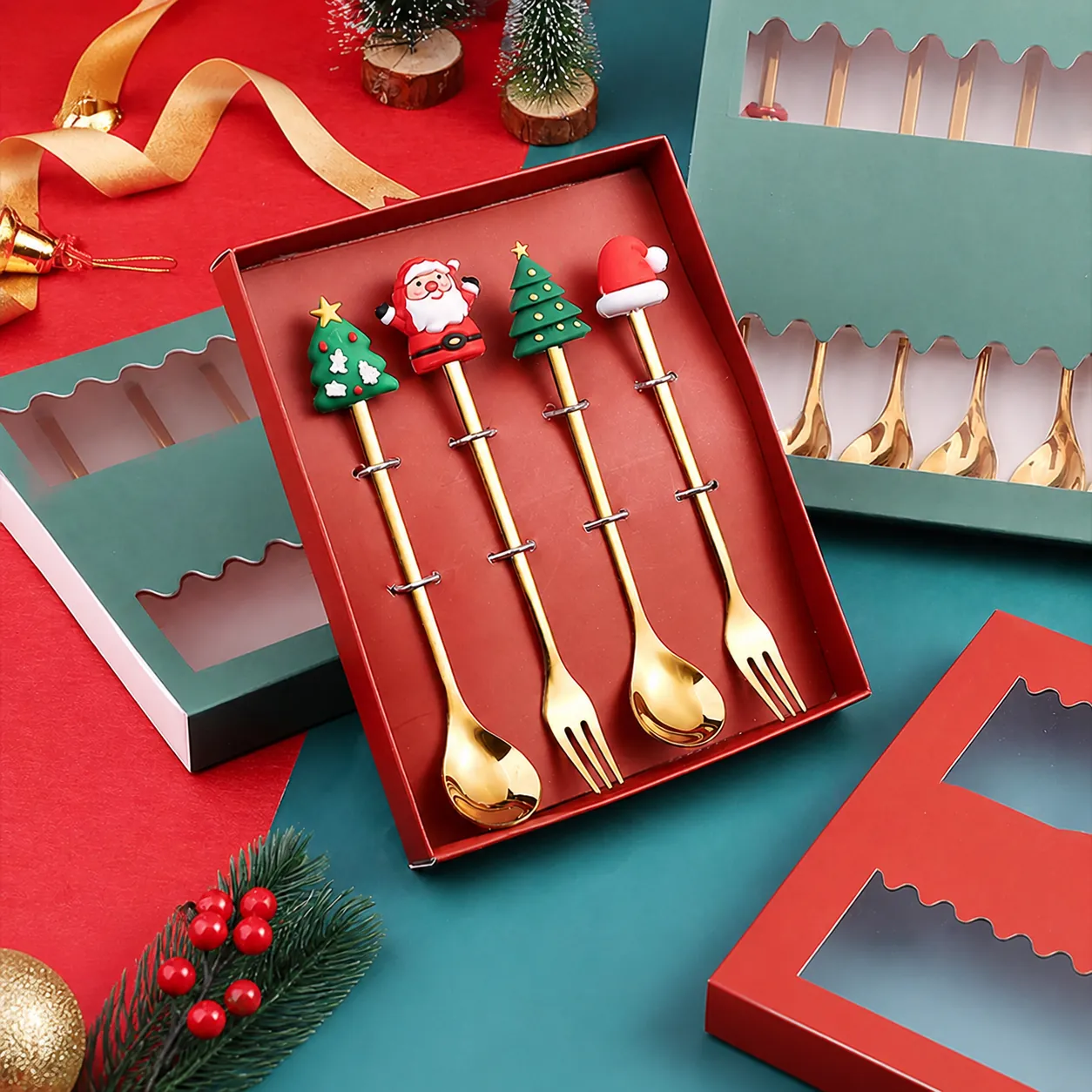 Christmas Cutlery Stainless Steel Spoon And Fork With Silicone Santa Claus Tree Decor Cartoon Tableware Holiday Party
