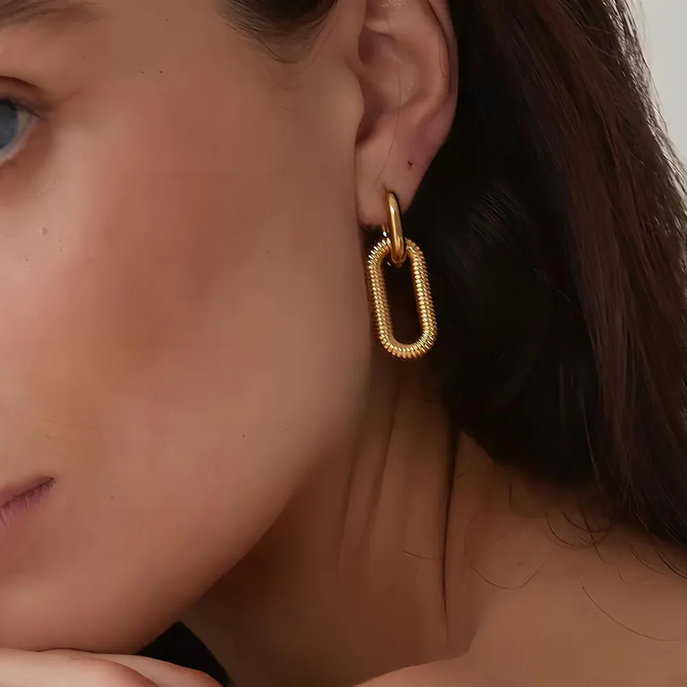Fashion Stainless Steel Textured Oval Dangle Earrings For Women Ins Style Detachable Geometric U-Shaped Loop Drop Earrings Jewelry Gift