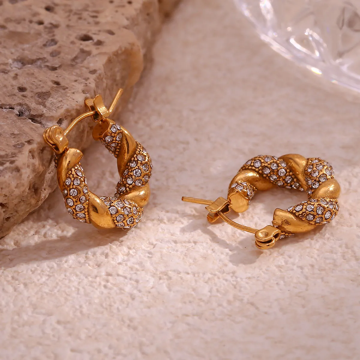 Twist Hoop Earrings 18K Gold Plated Stainless Steel AAA Zircon Pave Rope Design Fashion Jewelry For Women