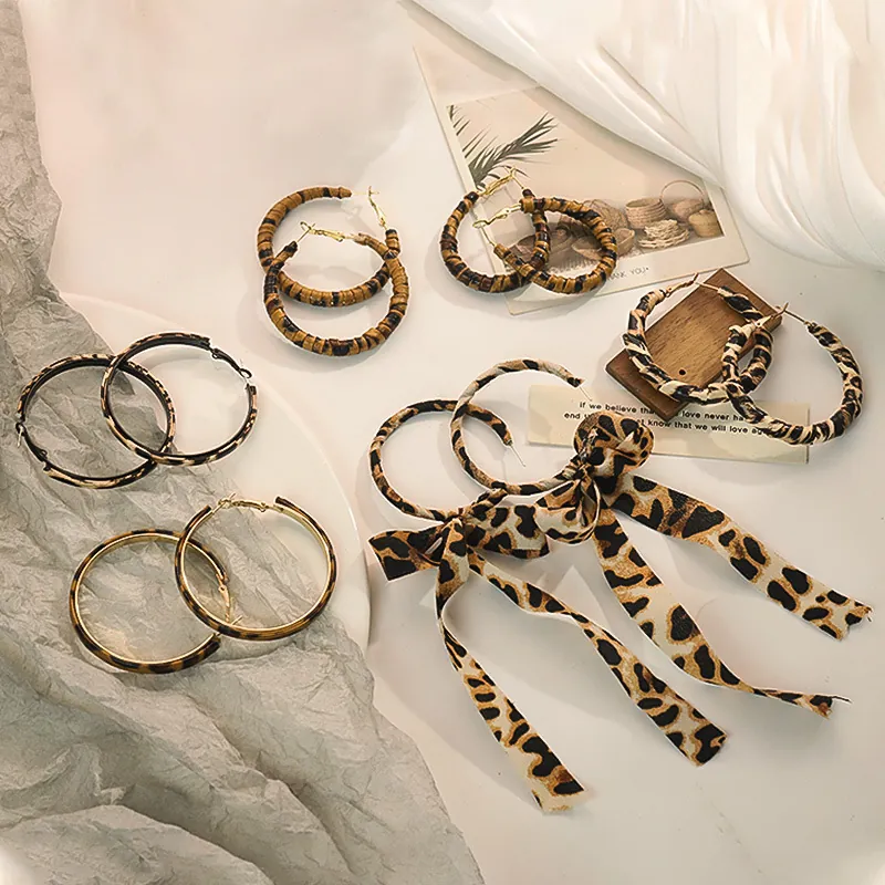 Leopard Print Bow Tassel Hoop Earrings With Earring Post Alloy Fabric Exaggerated Statement Jewelry