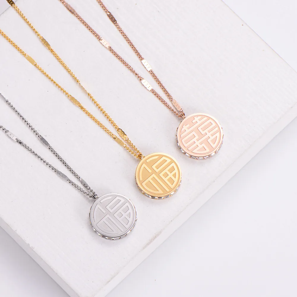 Stainless Steel Necklace Round Pendant Fu Xi Characters Inlaid Rhinestones 18K Gold Plated Chinese Style For Women