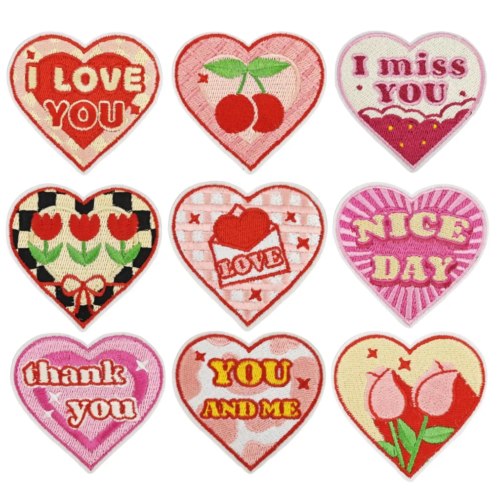 Heart Shaped Embroidery Patches Polyester Thread Iron On Applique Decorative DIY Clothing Accessories Cute Pink Red Flowers Lettering
