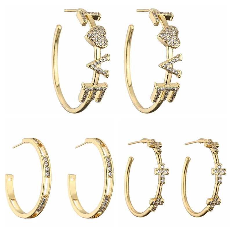 Boucles D'oreilles En Cuivre Mode Forme De Coeur Lettre LOVE Zircone Cubique Micro Pave Bijoux Pour Femmes Elégant Simple