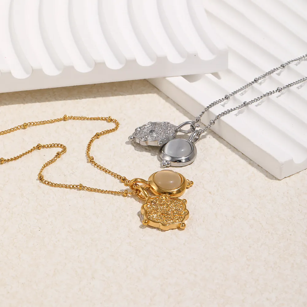 Collier En Acier Inoxydable Vintage Pour Femmes Plaqué Or 18K Double Pendentif Pierre Oeil De Chat Médaillon Pièce Élégant