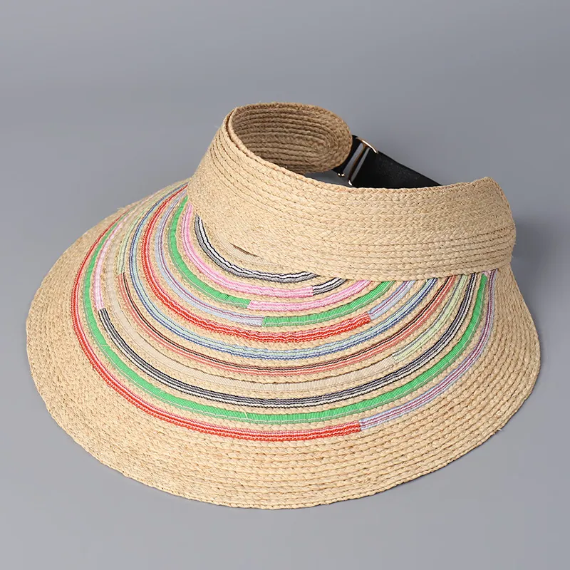 Raffia Straw Sun Visor Hat Women Colorful Stripe Foldable Summer Beach Travel Wide Brim Adjustable Breathable Empty Top