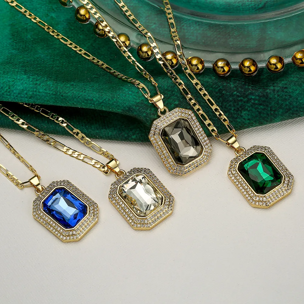Square Pendant Necklace Copper Large Zircon Gemstone Retro Figaro Chain For Women Luxurious Elegant