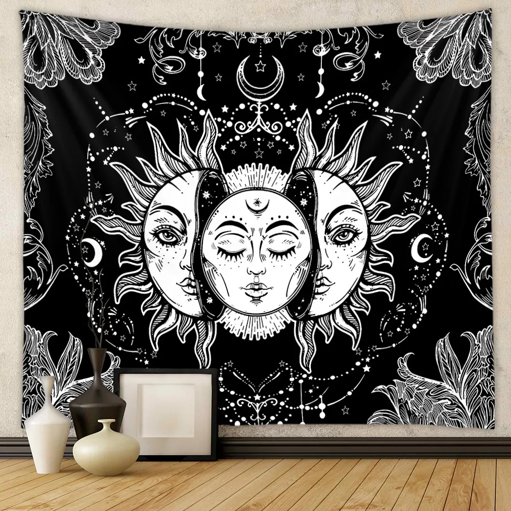 Arazzo Da Parete Sole E Luna Poliestere Tessuto Spazzolato Bohemien Mistero Astrologia Decorazione Camera Casa