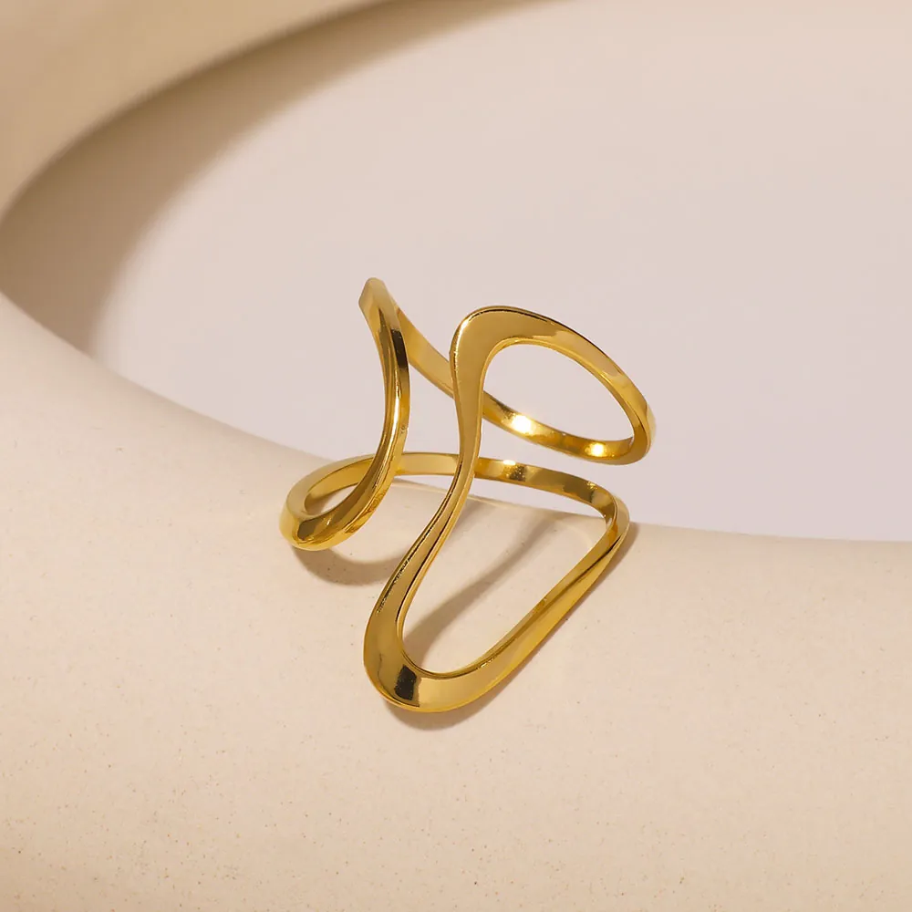 Anello Aperto Geometrico In Acciaio Inossidabile Placcato Oro 18K Linea Ondulata Asimmetrica Gioielli Minimalisti Donna