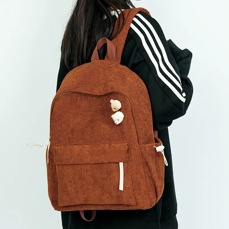 Cord Rucksack Für Damen Große Kapazität Schultasche Mit Niedlichen Plüschbär Ansteckern Einfacher Lässiger College Tagesrucksack