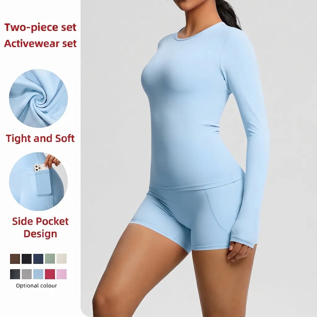 Ensemble de Yoga Brossé Doux pour Femmes Haut à Manches Longues et Bas de Short de Sport Moulant Fitness Course à Pied Deux Pièces