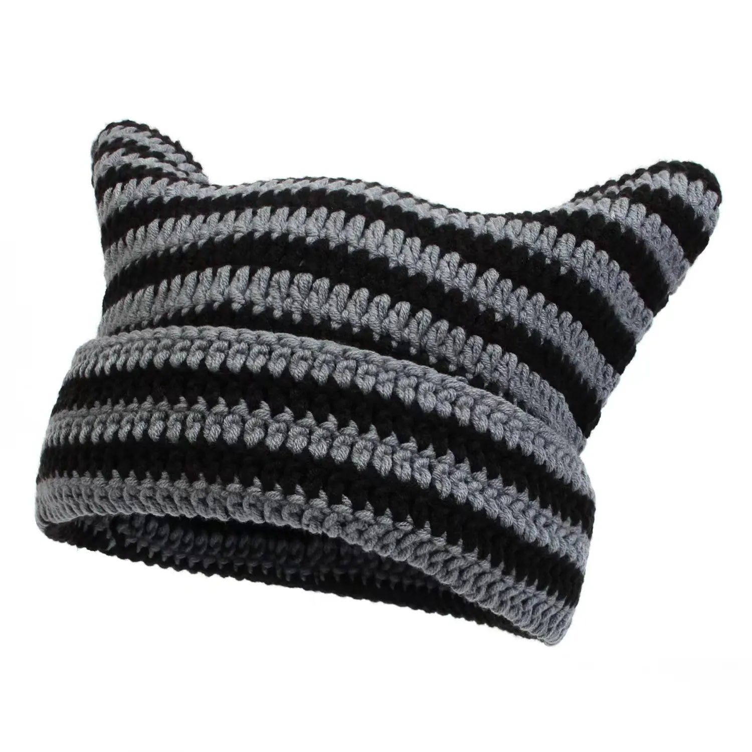 Striped Knitted Cat Ear Beanie Hat Little Devil Handmade Crochet Milk Cotton Warm Winter Headwear For Women Teens