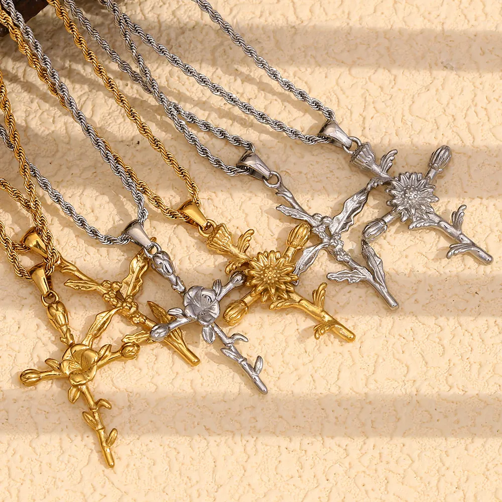 Birth Flower Cross Pendant Necklace Vintage Stainless Steel 18K Gold Plated Rope Chain French Style Jewelry For Women