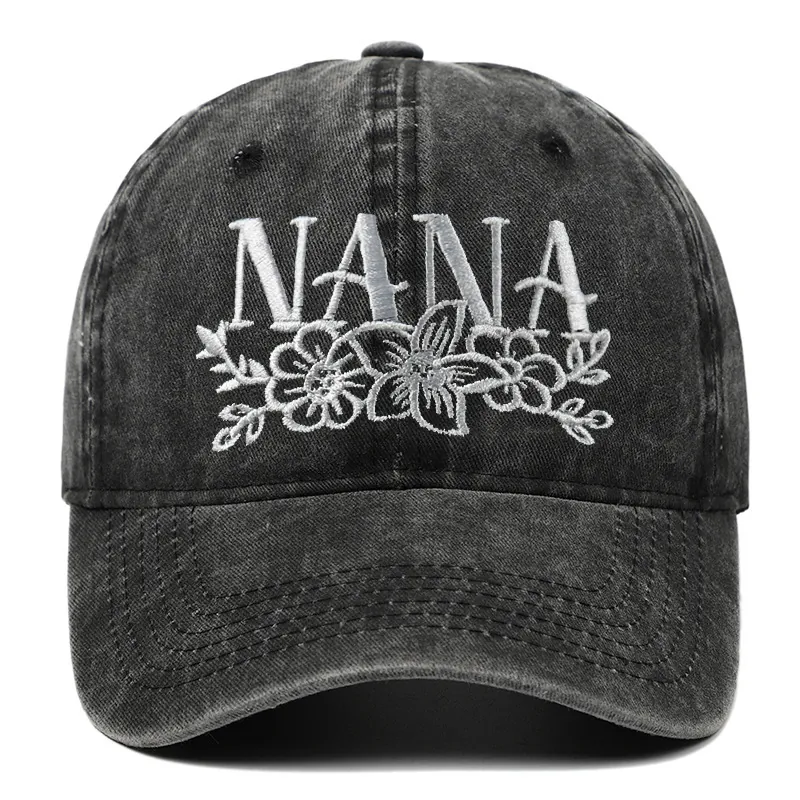 Washed Cotton Baseball Cap NANA Floral Embroidered Retro Distressed Adjustable Sun Hat Unisex Casual