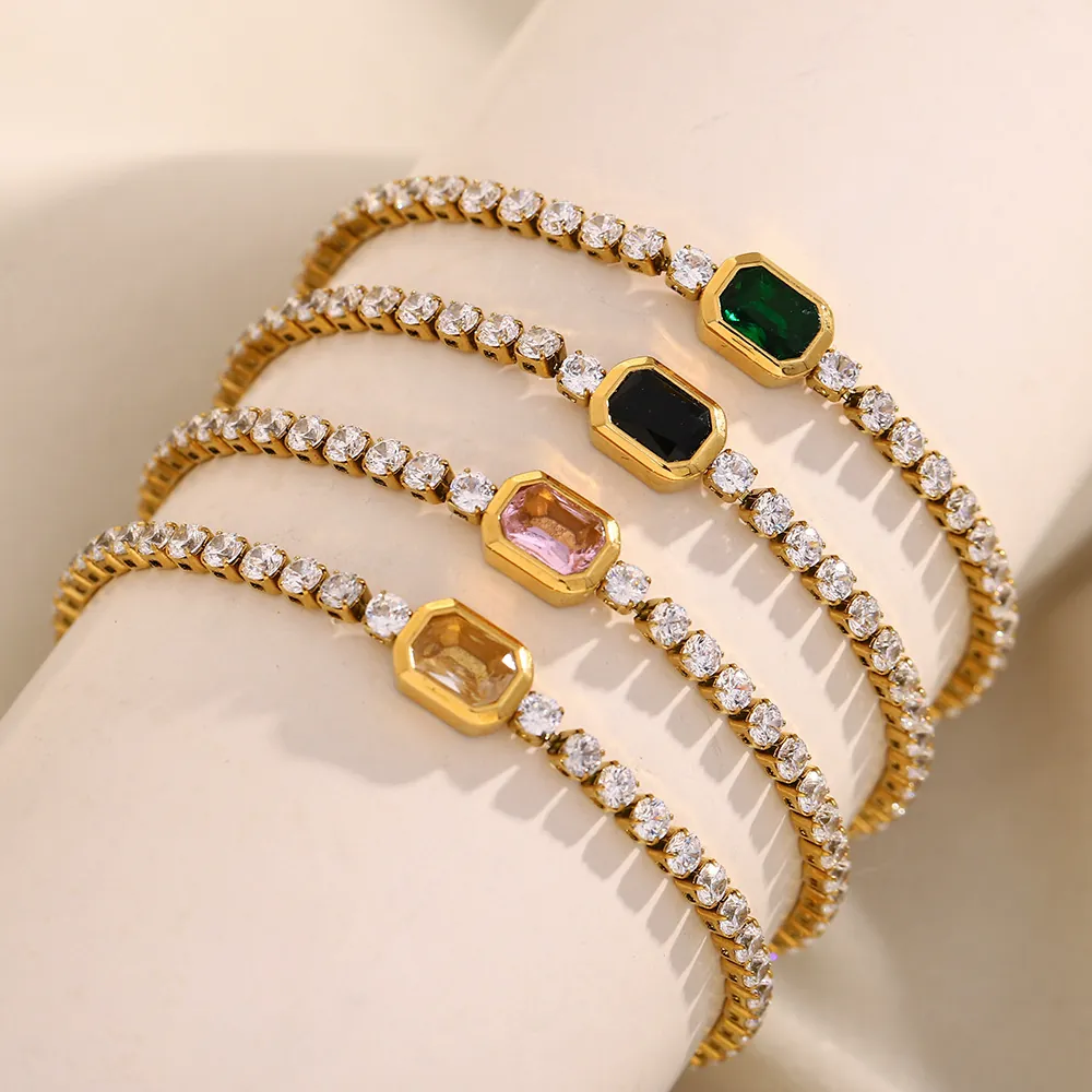 Tennis Bracelet 18K Gold Plated Stainless Steel Cubic Zirconia Octagonal Emerald Cut Gemstone Jewelry For Women