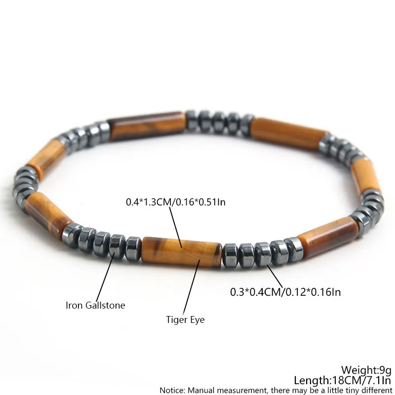 Natural Tiger Eye Stone And Hematite Beaded Bracelet For Men Simple Retro Cylindrical Gemstone Jewelry Gift Unisex