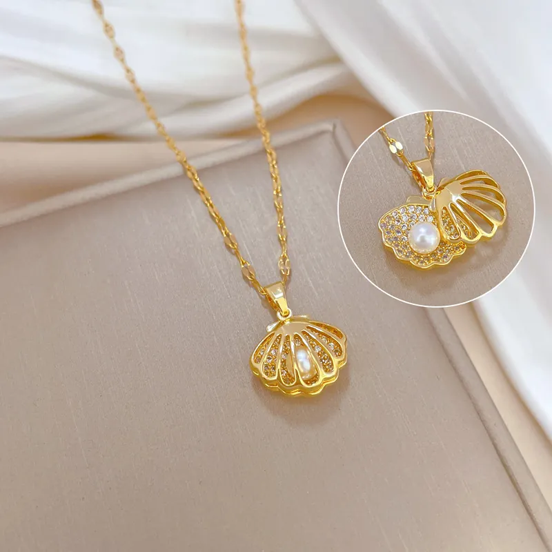 Shell Pendant Necklace Gold Plated Titanium Steel With Zircon And Artificial Pearl Elegant Jewelry For Women