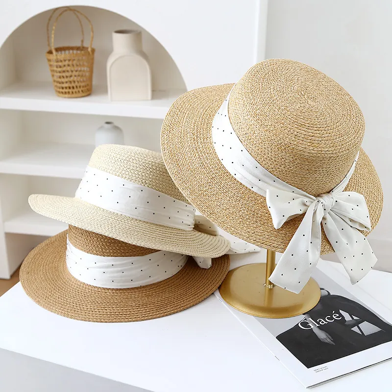 Chapeau De Paille Boater Pour Femmes Ruban À Pois Nœud Large Bord Protection Solaire Respirant Été Plage Style Rétro