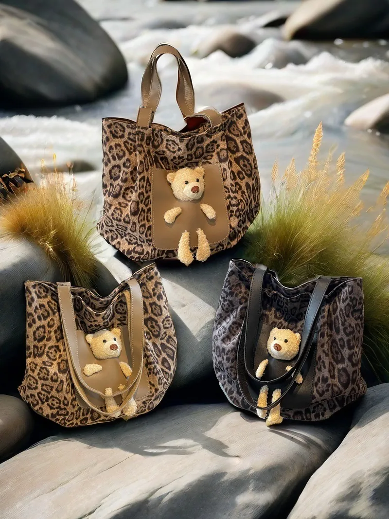 Leopard Muster Canvas Tote Bag Mit 3D Plüschbär Große Kapazität Reißverschluss Schulter Handtasche Damen Casual Trendy