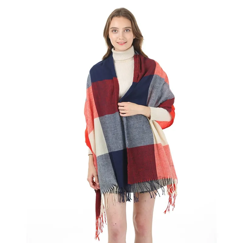 Winter Scarf Shawl Plaid Checkered Cashmere Like Polyester Long Warm Tassel Fringe For Women British Style