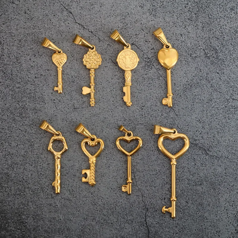 Vintage Heart Key Pendant Stainless Steel Gold DIY Jewelry Accessory Retro Charm For Necklaces Making