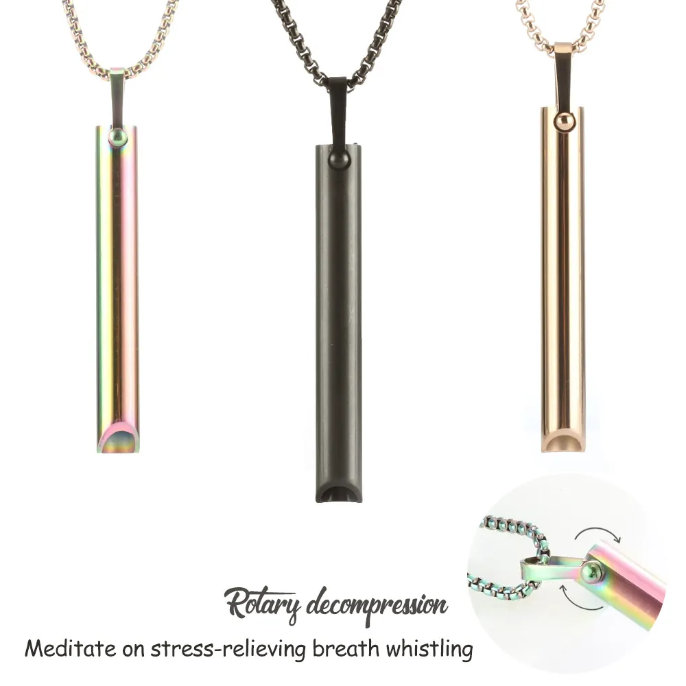 Mindfulness Breathing Whistle Necklace Titanium Stainless Steel Stress Relief Meditation Anxiety Tool Cylinder Pendant
