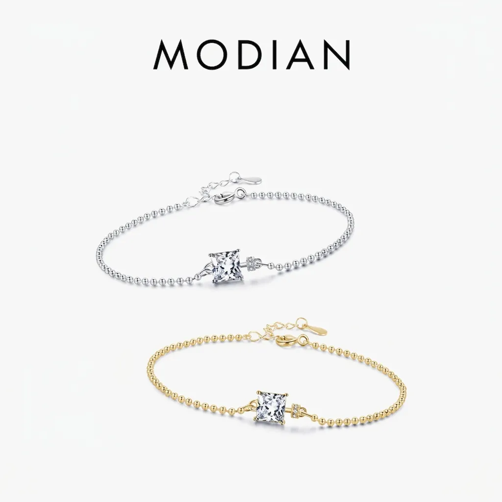 925 Sterling Silver Bracelet For Women Square Zirconia Inlaid Elegant Adjustable Ball Chain Minimalist Fashion Jewelry