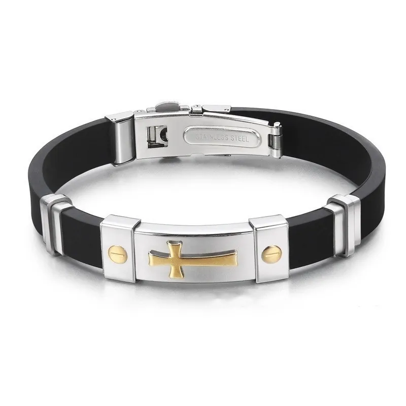 Cross Bracelet Stainless Steel Silicone Wristband Religious Jewelry For Men Casual Punk Style