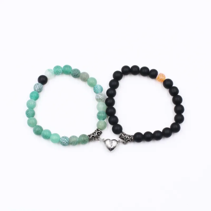 Natural Stone Beaded Couple Bracelets With Magnetic Heart Buckle Matte Agate Weathered Turquoise Couple Jewelry Set