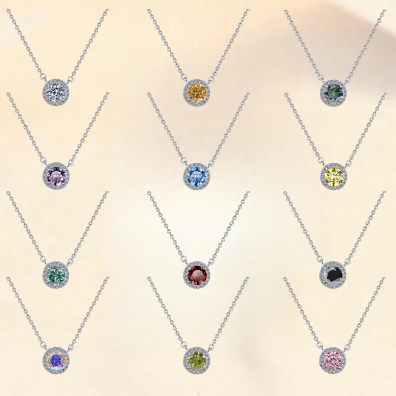 Collana con Ciondolo in Moissanite Rotonda in Argento Sterling 925 per Donna Gioielli in Moissanite GRA con Gemme Colorate Halo 1ct 2ct