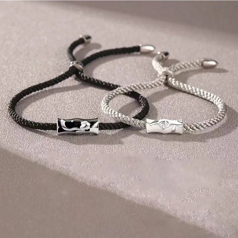 Braccialetti Di Coppia Rame Ciondolo Rosa Regolabile Corda Intrecciata Gioielli Moda Regalo Di Compleanno