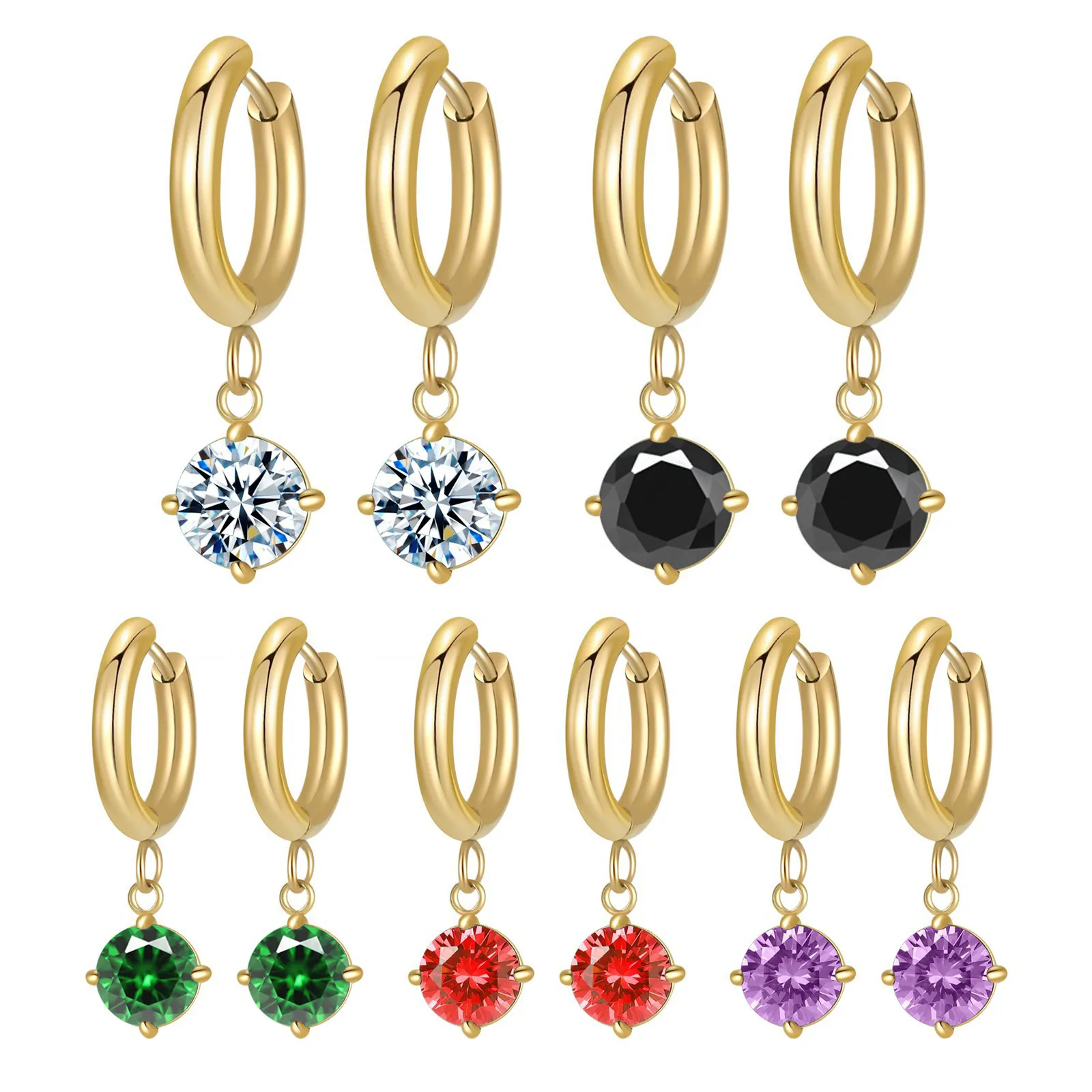 Hoop Drop Earrings Stainless Steel Colorful Round Cubic Zirconia Geometric Fashion Jewelry For Women Elegant Simple Style