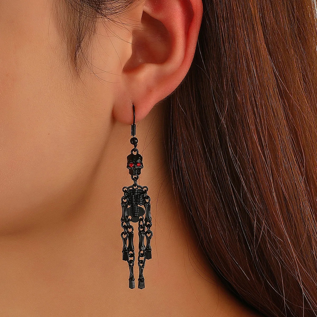 Gothic Skeleton Dangle Earrings Alloy Punk Skull Drop Earring With Red Rhinestone For Halloween Party Women