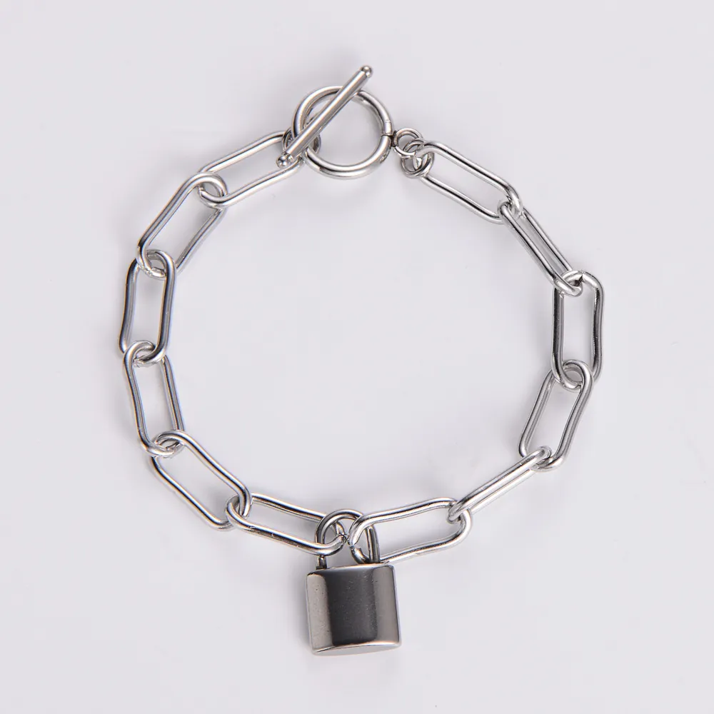 Minimalist Paperclip Link Chain Bracelet 304L Stainless Steel Toggle Clasp OT Buckle Lock Heart Pendant For Women Men