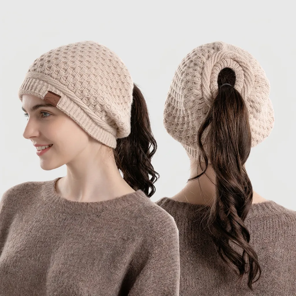 Women Winter Warm Knitted Beanie Hat Soft Acrylic Ponytail Hole Beanie Outdoor Cuffed Cable Knit Sport Ponytail Beanie
