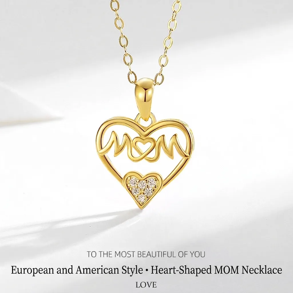925 Sterling Silver Heart Pendant Necklace With MOM Letter Hollow Double Heart Rhinestone Inlaid Mothers Day Gift For Women