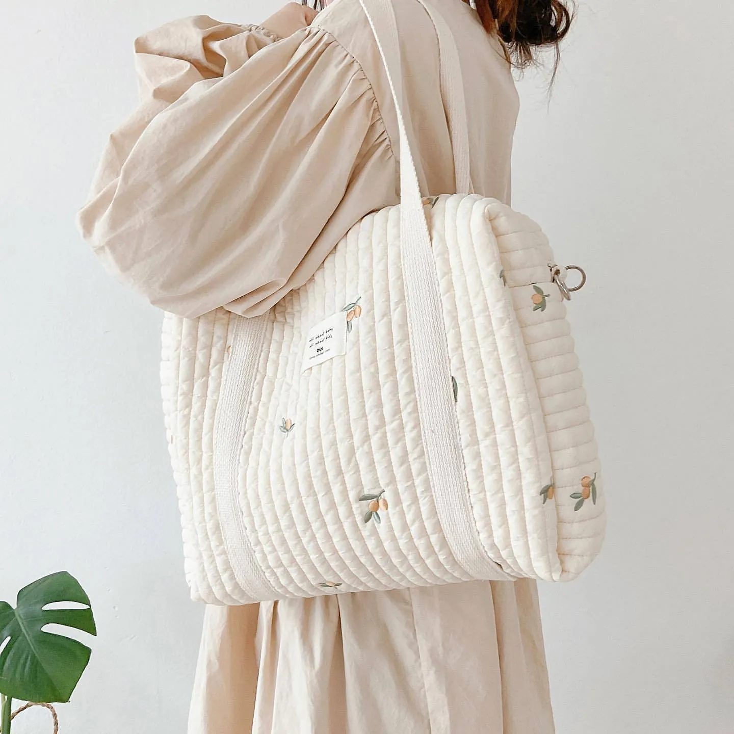 Quilted Cotton Diaper Bag Large Capacity Embroidered Stroller Tote Handbag For Mom Baby Travel
