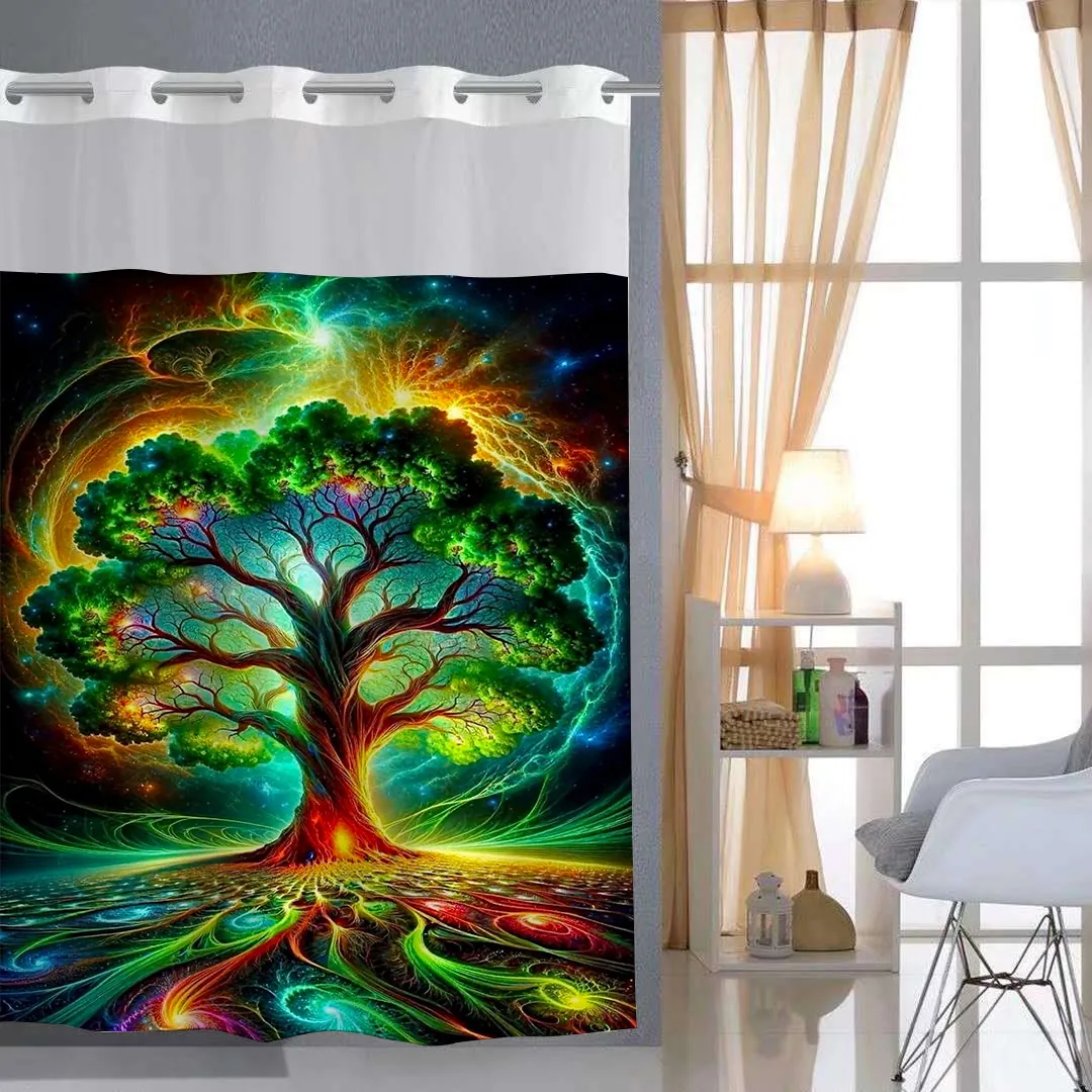 Tree Of Life Shower Curtain Hook Free Double Layer Waterproof Polyester Fabric Surreal Forest Library Print With Detachable Liner