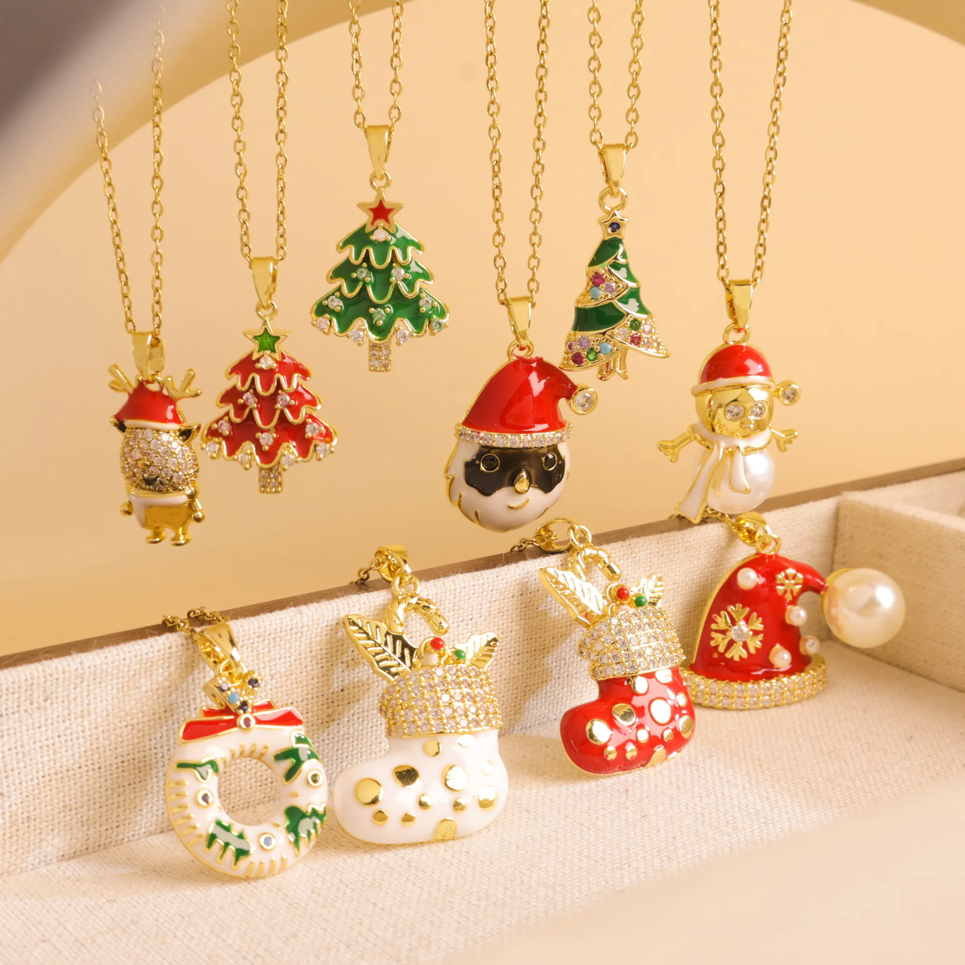 Christmas Pendant Necklace Stainless Steel Copper Enamel Zircon Artificial Pearl Holiday Party Jewelry For Women
