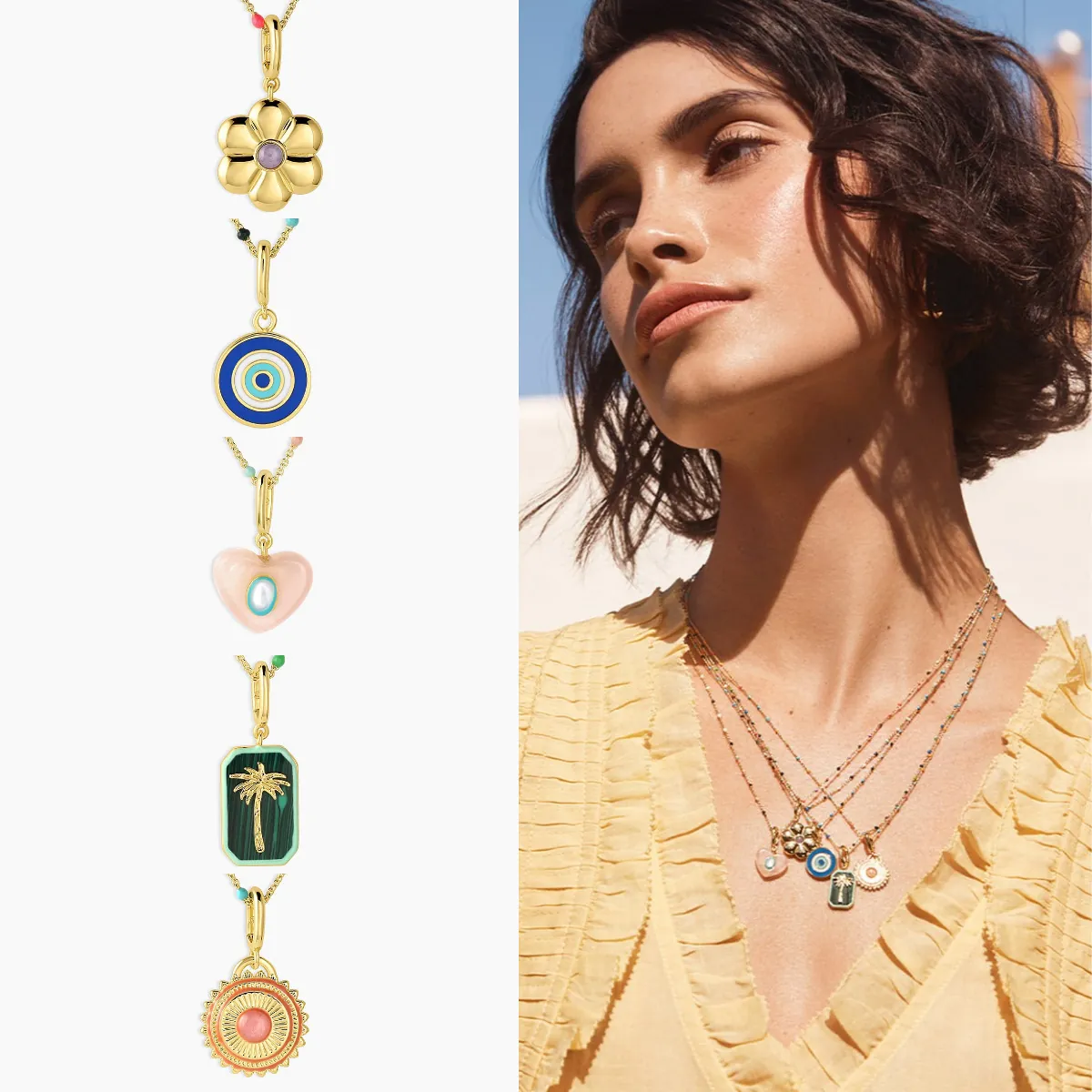 Bohemian Vintage Gold Plated Copper Necklace Enamel Heart Palm Tree Sun Evil Eye Flower Pendant Colorful Beads Women