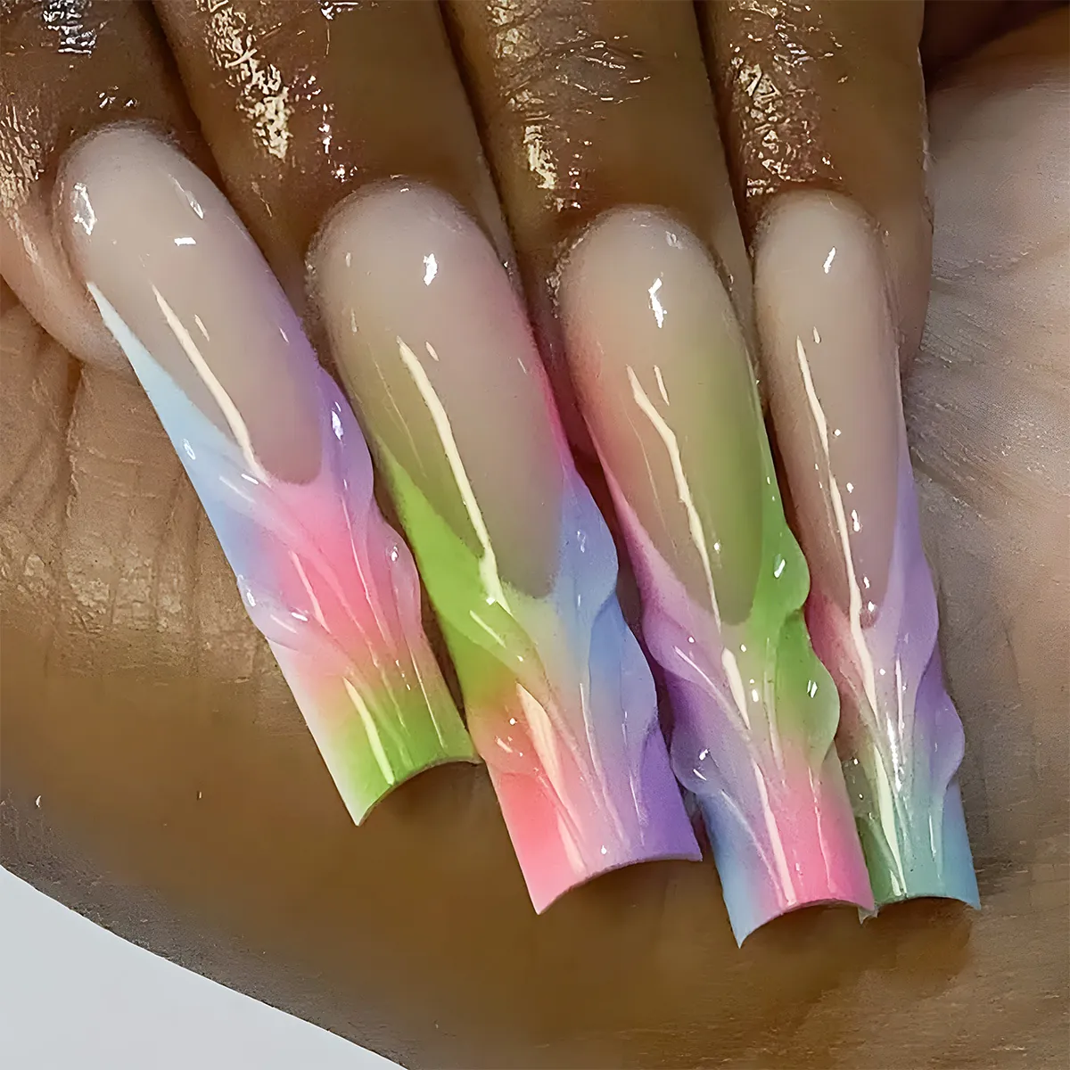 Long Square Press On Nails 3D Relief Rainbow Gradient Glossy False Fingernails Manicure For Women