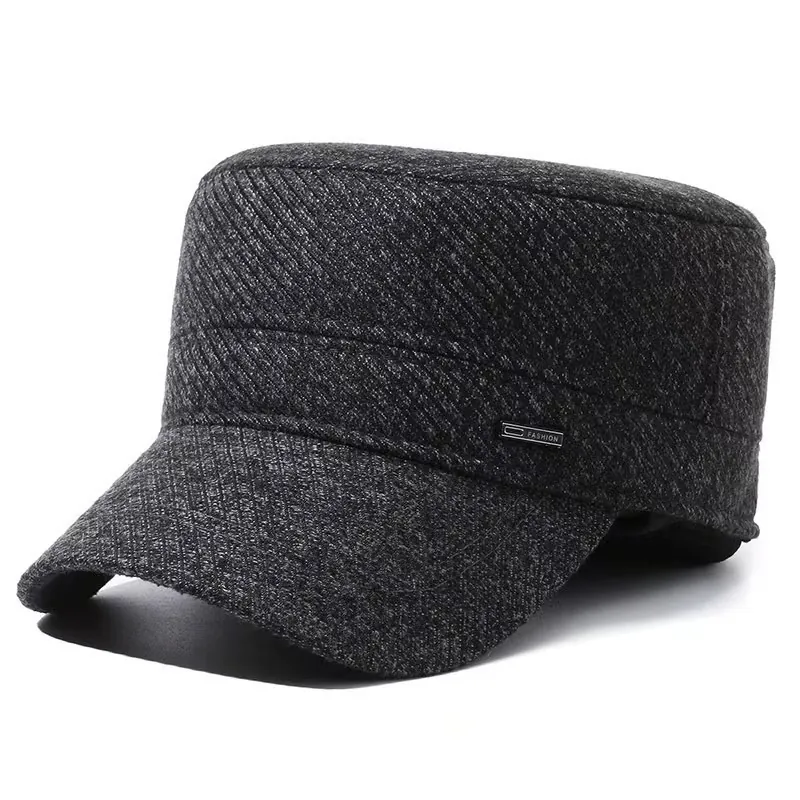 Casquette Cadet Hiver Homme Laine Chaude Épaisse Chapeau Militaire Plat Avec Cache-oreilles Pliables Réglable Froid