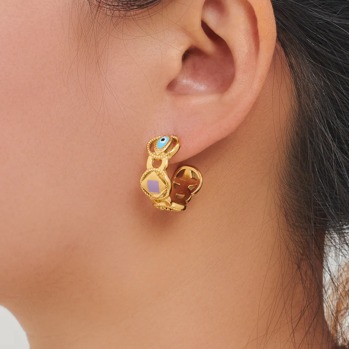 Vintage 18K Gold Plated Stainless Steel Hoop Earrings For Women Enamel Evil Eye Sun Geometric Pattern Bohemian Jewelry