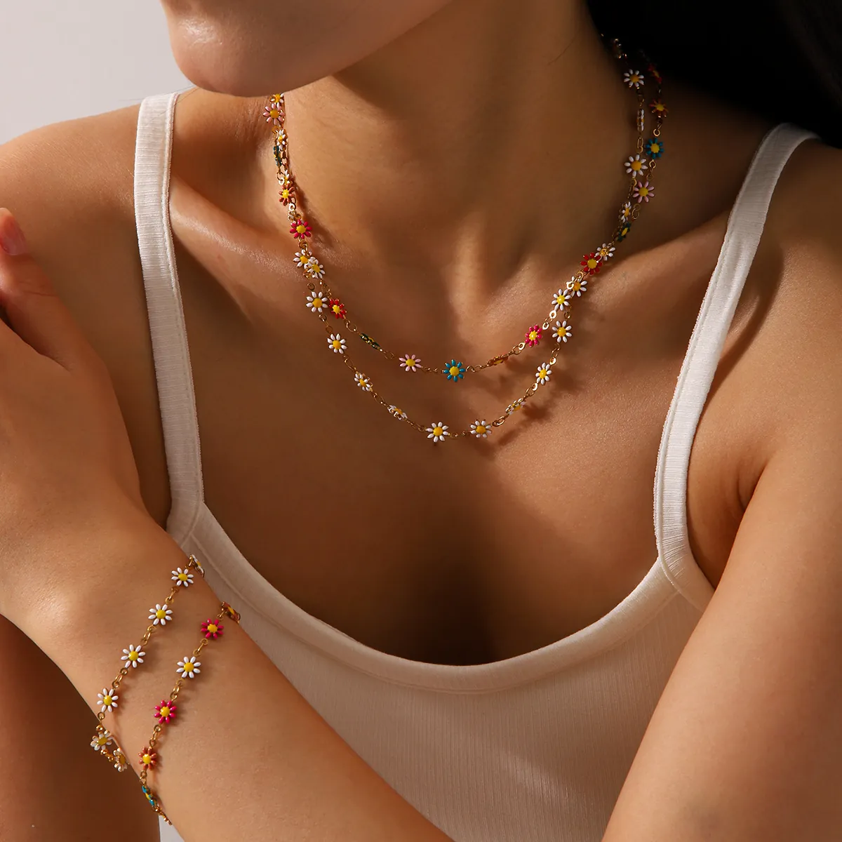 Collana E Bracciale In Acciaio Inossidabile Margherita Smalto Colorato Ciondolo Floreale Catena Gioielli Per Donne Placcato Oro