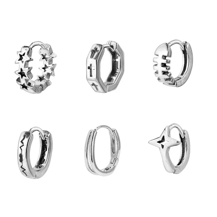 Boucles D'oreilles Créoles En Acier Inoxydable Avec Tige Étoile Croix Arête De Poisson Design Punk Bijoux Unisexe