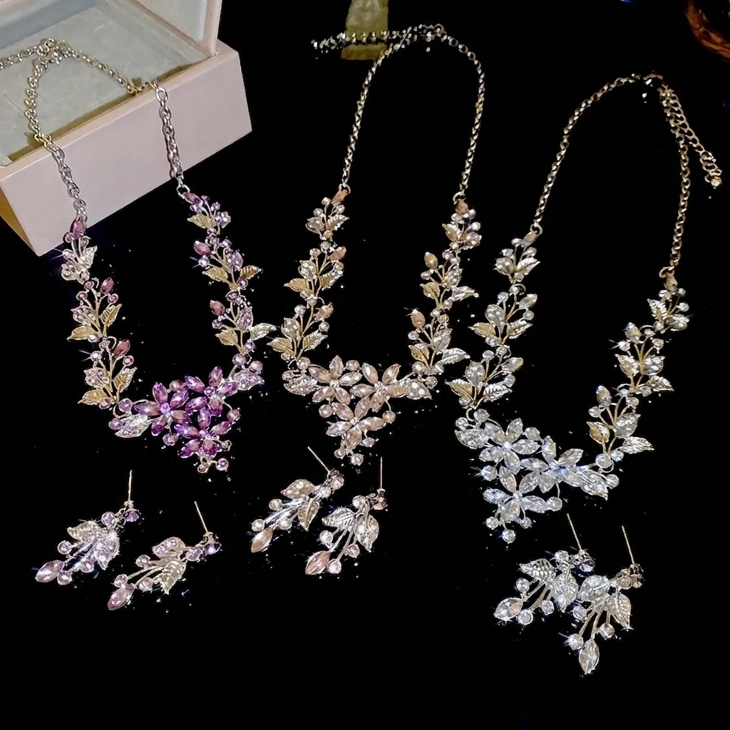 Flower Leaf Pendant Necklace Earring Jewelry Set Alloy Rhinestone With 925 Sterling Silver Earring Post Elegant Wedding Party For Women
