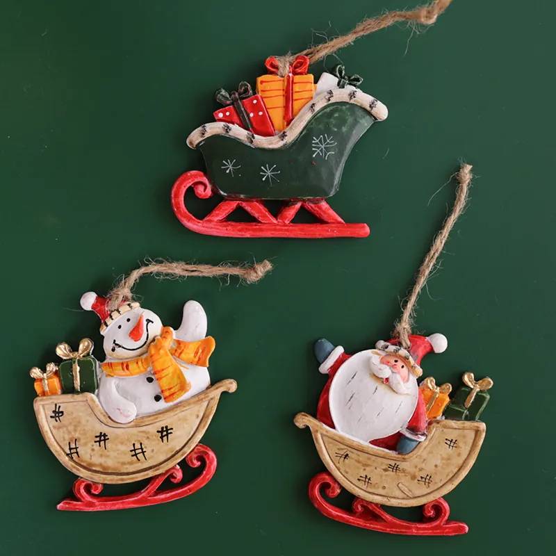 Resin Christmas Tree Hanging Ornaments Hand Painted Santa Snowman Gingerbread Man Rustic Holiday Decor With Jute Rope