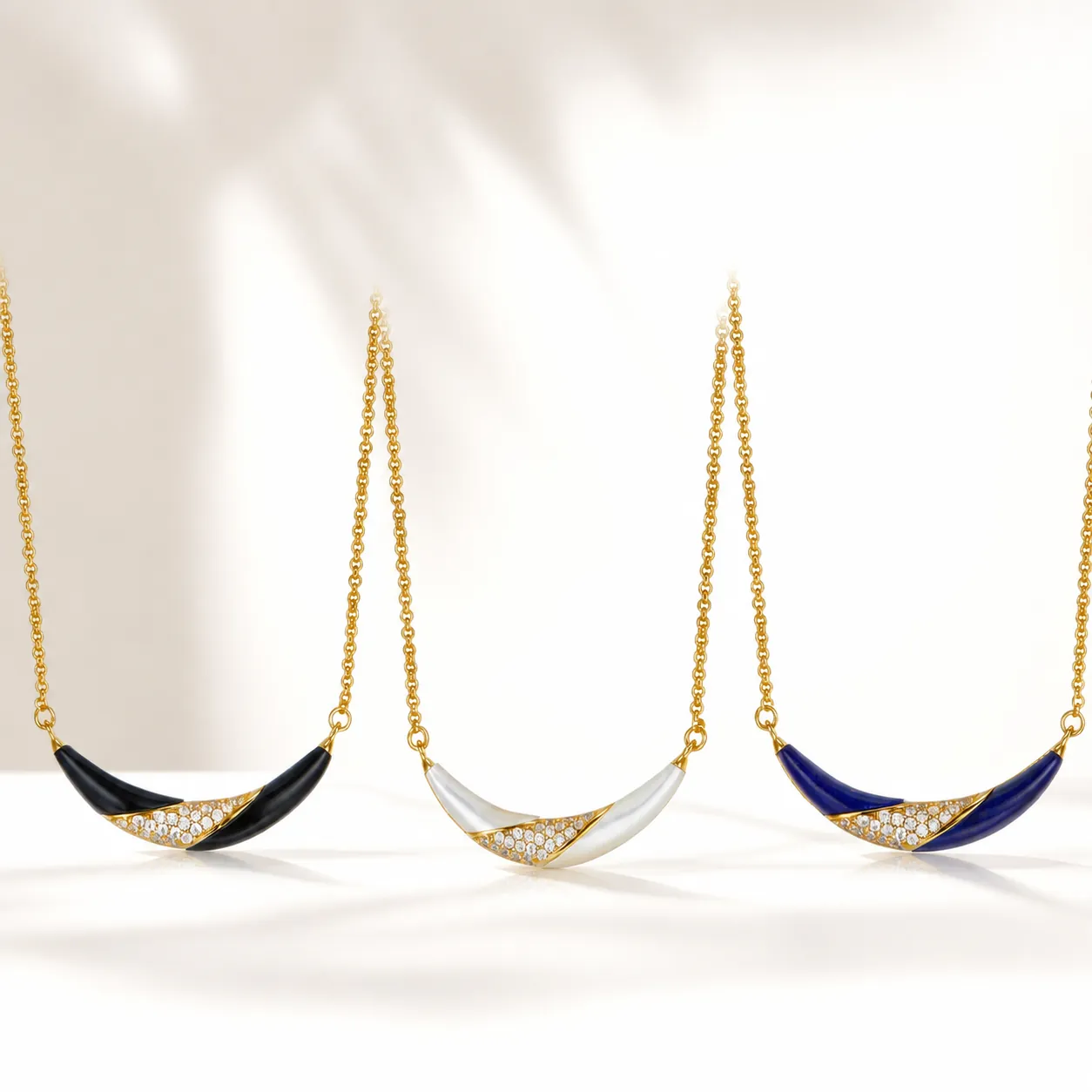 Smile Crescent Pendant Necklace 925 Sterling Silver 18K Gold Plated Natural Lapis Lazuli White Mother Of Artificial Pearl Jewelry