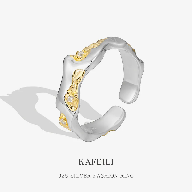 925 Sterling Silver Lava Texture Open Ring For Women Two Tone Gold Silver Electroplated Rhinestone Inlaid Adjustable Finger Ring Individual Jewelry